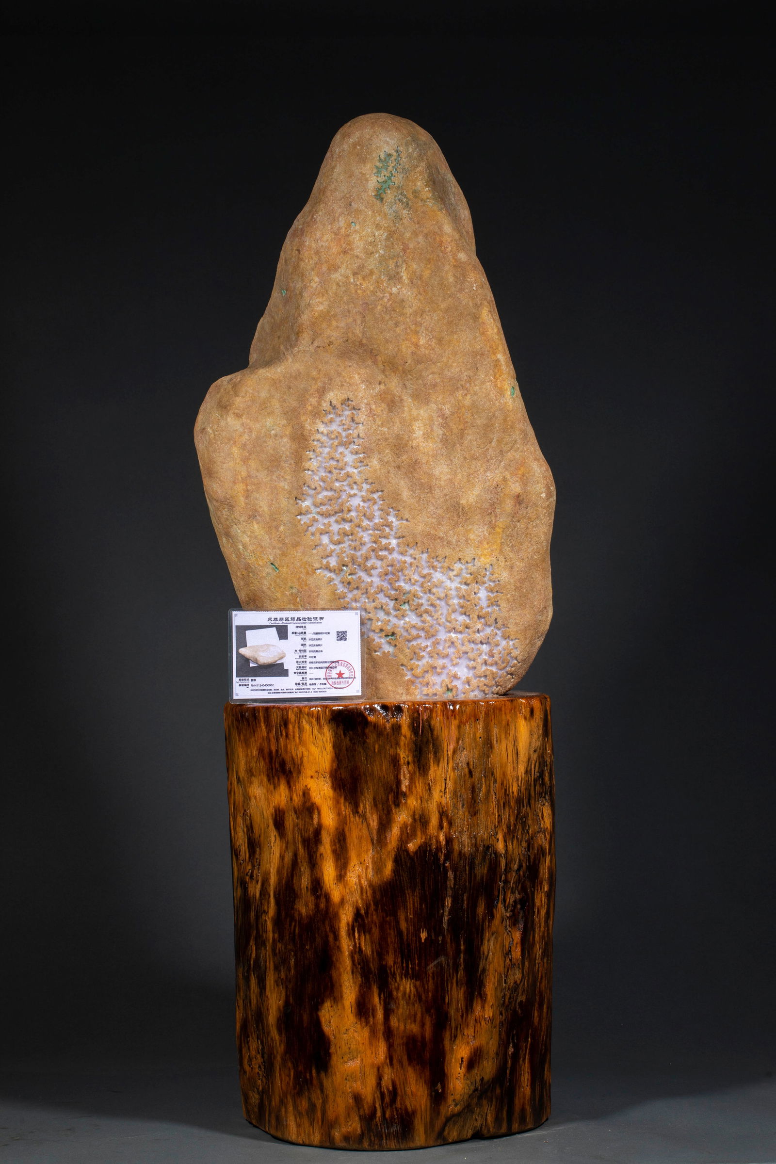 Jadeite Rough Stone: Jadeite Rough Stone: Material is natural jadeite rough stone with natural window-opening technique to show internal texture, specifications net height 66cm, length 35cm, width 16cm, weight 48750g, cul