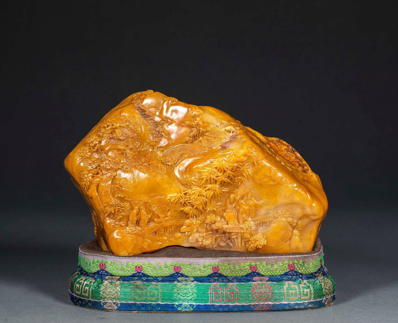 Tianhuang Stone Mountain Ornament with Landscape and Pavilions, Imperial Inscription by Qianlong: Tianhuang Stone Mountain Ornament with Landscape and Pavilions, Imperial Inscription by Qianlong: Material is Tianhuang stone, carved with landscape and pavilion patterns via relief and round carving