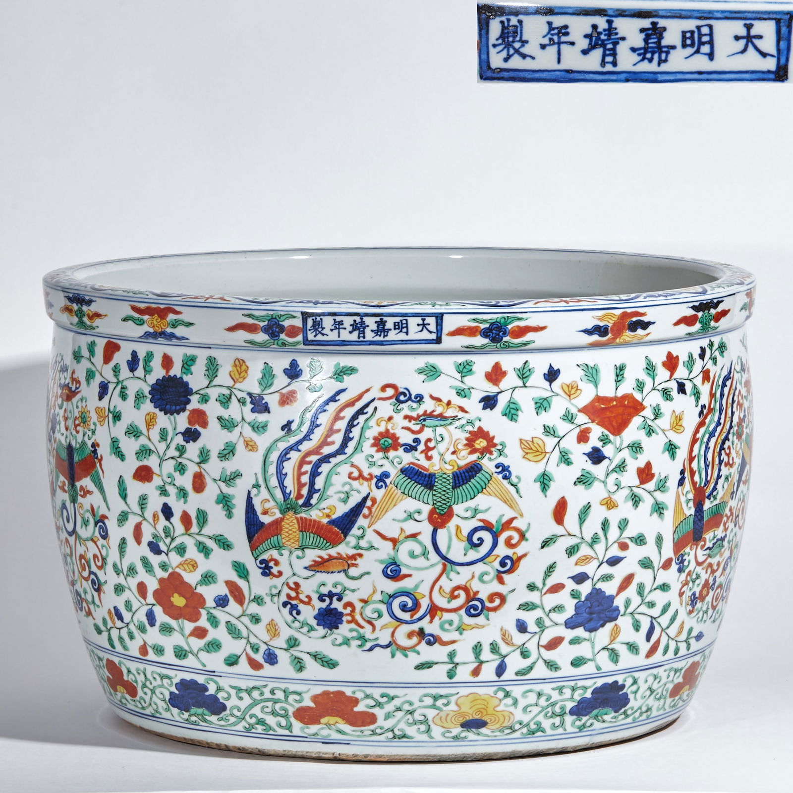 Jiajing Period Doucai Large Vat with Phoenix Brings Good Fortune: Jiajing Period Doucai Large Jar with Phoenix Brings Good Fortune, Ming Dynasty: Material is porcelain body, decorated with phoenix brings good fortune pattern via official kiln doucai technique,