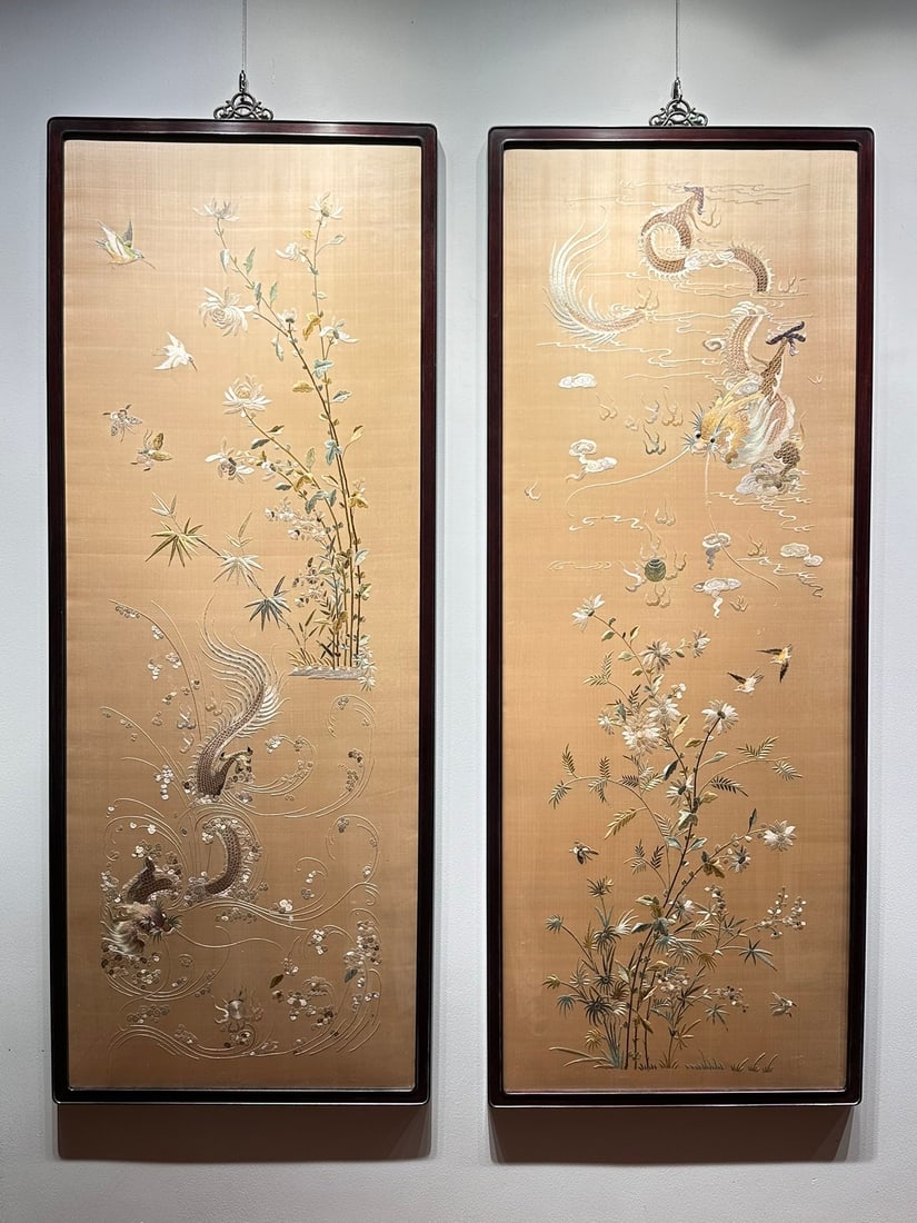 Pair of Late Qing?Republic Period Yue Embroidery of Auspicious Dragon Playing Pearl (1 of 7)