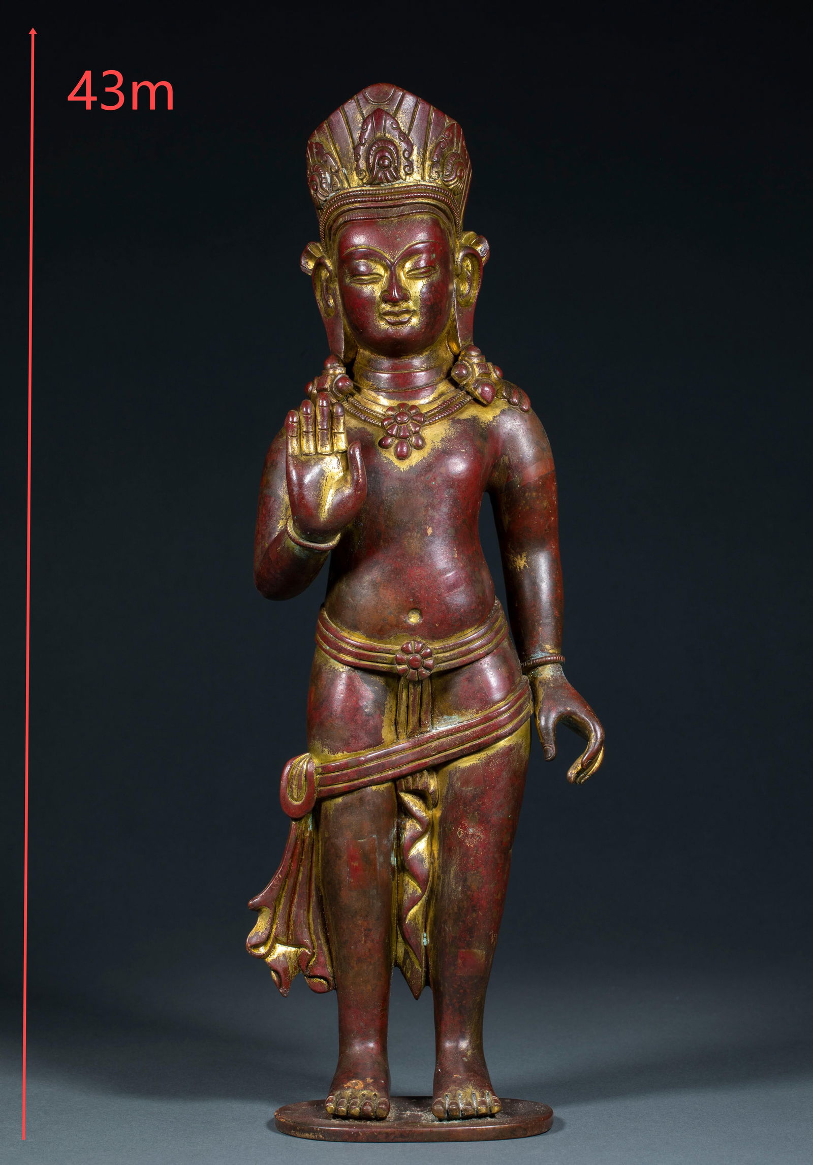 13th Century Gilt Copper Standing Bodhisattva Statue: 13th-Century Gilt Red Copper Standing Bodhisattva Statue: Material is red copper, made via gilding and colored painting techniques, specifications height 43cm, length 14cm, width 8.5cm, weight 4265g,