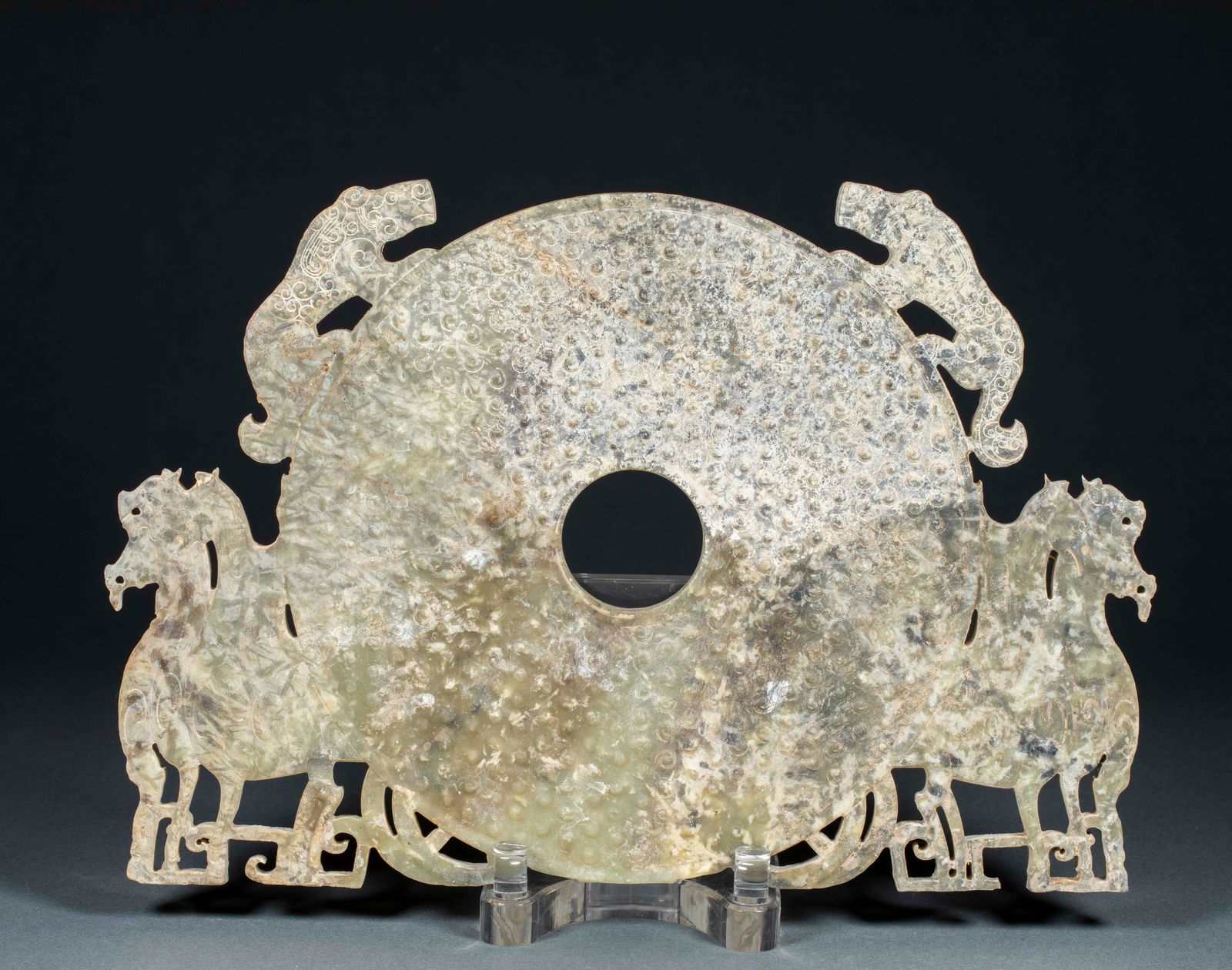 Pre?Ming Ancient Jade Bi Disc with Openwork “Success Immediately?? Horse Design (1 of 16)
