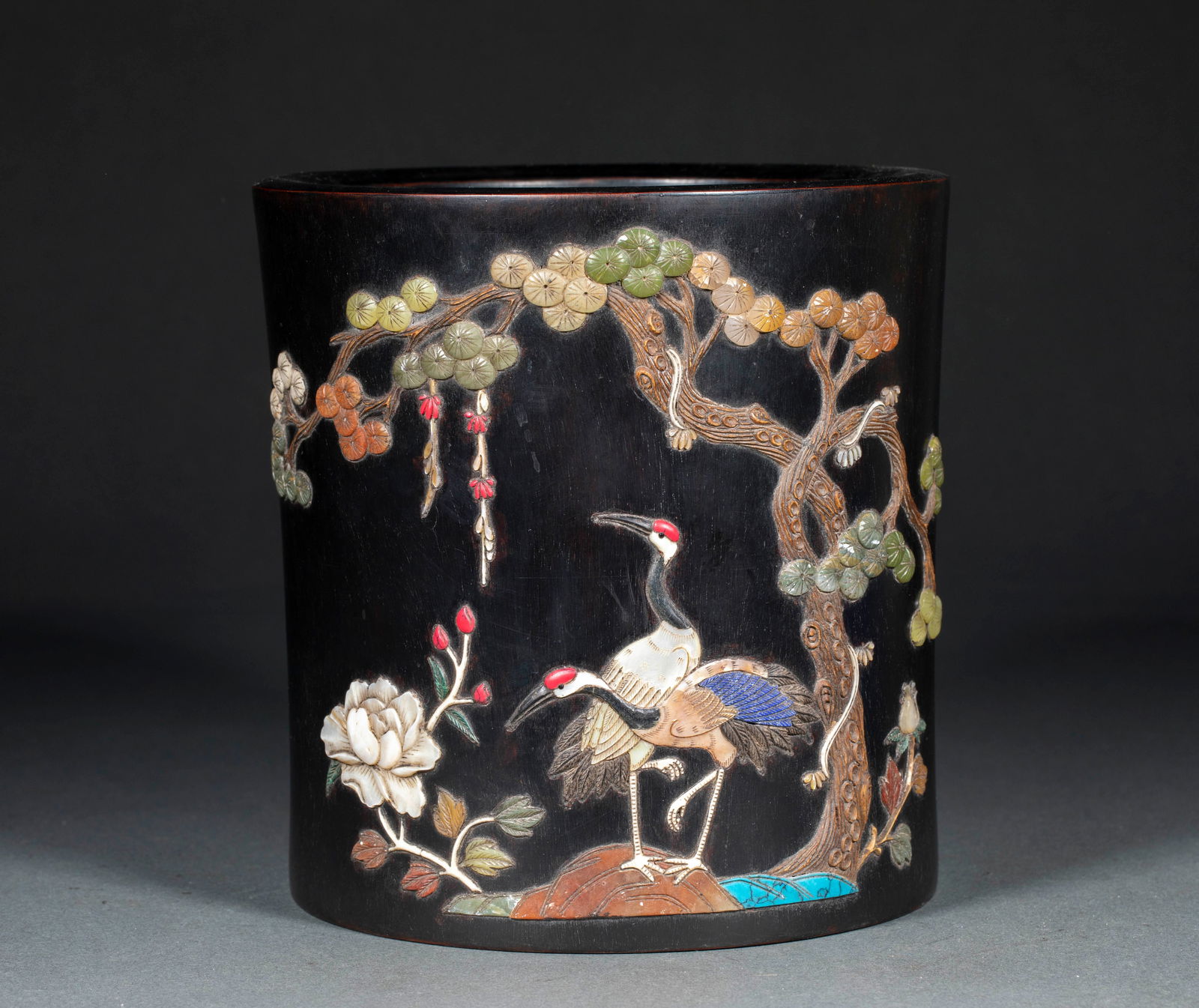 Zitan Wood Brush Pot with Jade Inlay of Pine and Crane Prolonging Life: Zitan Wood Brush Pot Inlaid with Jade of "Pine and Crane Prolonging Life": Made of precious zitan wood via intaglio and inlay techniques, inlaying jade, mother-of-pearl and other materials on the zita