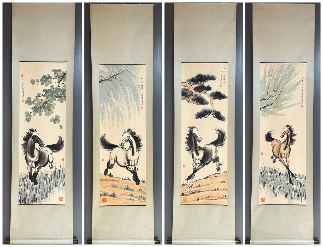 Xu Beihong, Four-panel Screen of Fine Horses on Paper: Xu Beihong, Four-Panel Screen of "Fine Horses" on Paper: Based on rice paper, created via ink freehand brushwork combined with coloring techniques, Xu Beihong painted horses with the artistic concept