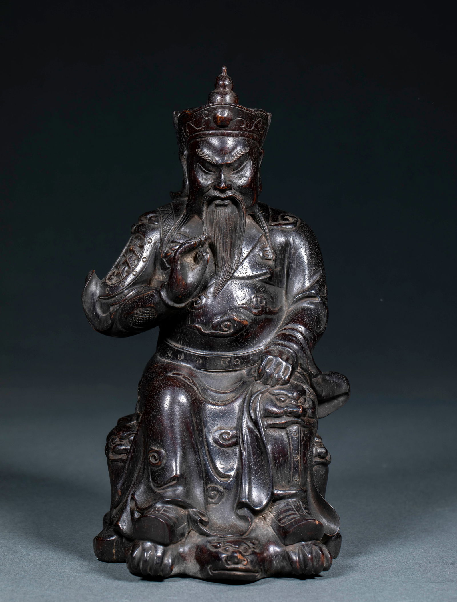 Zitan Wood Seated Statue of Military God of Wealth: Zitan Wood Seated Statue of Military God of Wealth: Made of precious zitan wood via round carving and relief techniques, carved into a seated statue of the Military God of Wealth (Guan Yu), featuring