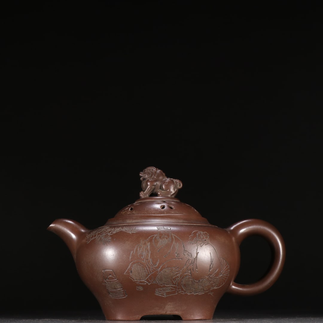 Zisha Teapot with Figure Stories and Poems, Made by Gu Jingzhou: Zisha Teapot with Figure Stories and Poems, Made by Gu Jingzhou: Made of zisha clay via manual teapot making technique, the body is engraved with figure stories and poems, the knob is shaped as an