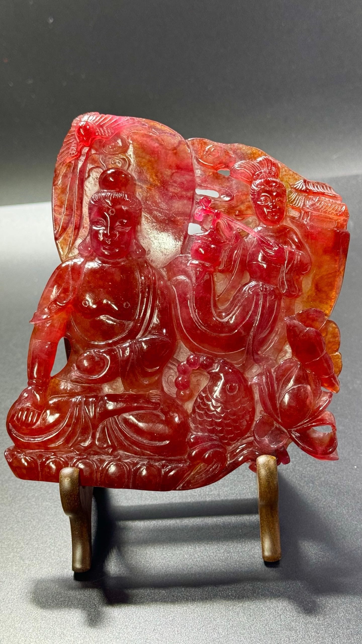 Ice-transparent Full Red Jadeite Statue of Sakyamuni Buddha: Ice-Transparent Whole Red Jadeite Statue of Sakyamuni Buddha: Material is natural red jadeite, carved into Sakyamuni Buddha statue via round carving and openwork techniques, length 15cm, width 13cm,