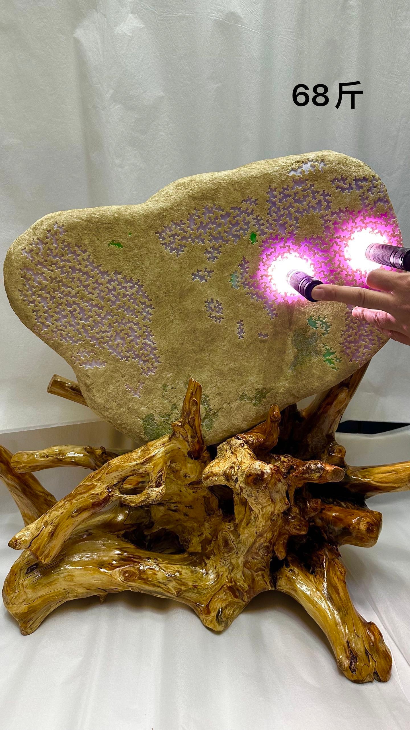 Super Ice-transparent Violet Jadeite Rough Stone: Super Ice-Transparent Violet Jadeite Rough Stone: Material is natural violet jadeite, treated with rough stone window-opening technique, length 50cm, weight 34000g, violet jadeite is a precious variet