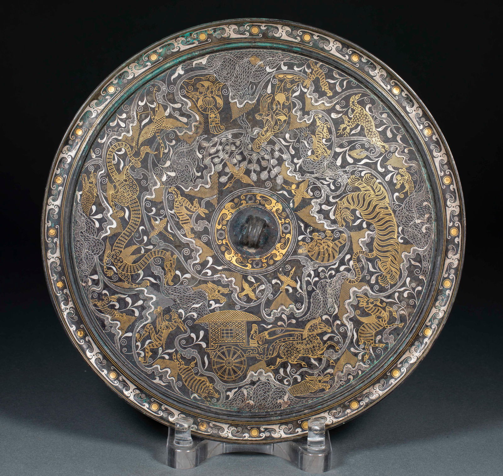 Pre-Ming Bronze Mirror with Gold and Silver Inlay of Mythological Stories (1 of 8)