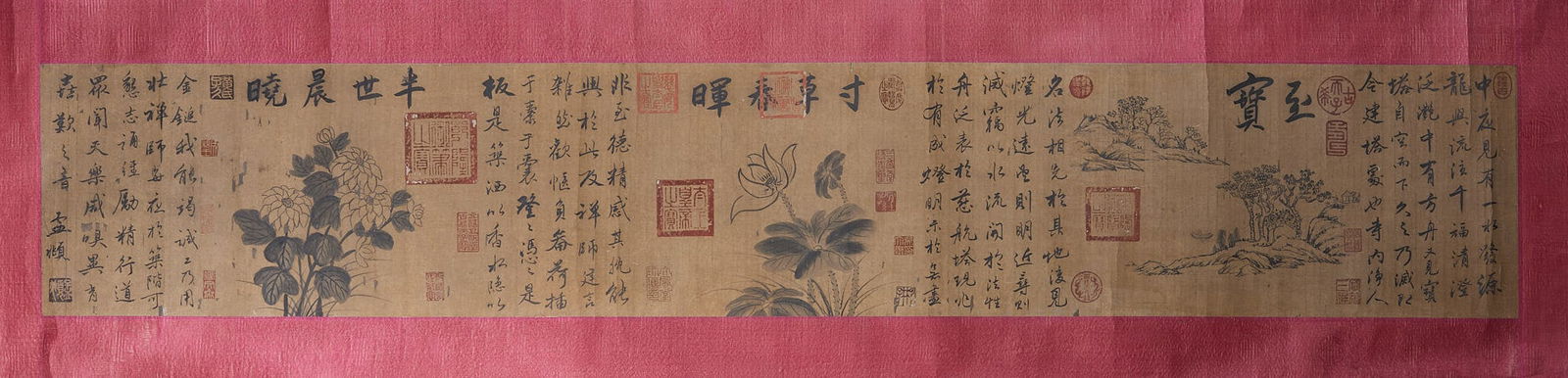Zhao Mengfu, Flower Painting and Calligraphy: Zhao Mengfu, Flower Painting and Calligraphy Scroll: Based on paper, created via combining colored flowers and running-cursive calligraphy, Zhao Mengfu painted with the concept of "calligraphy and pai
