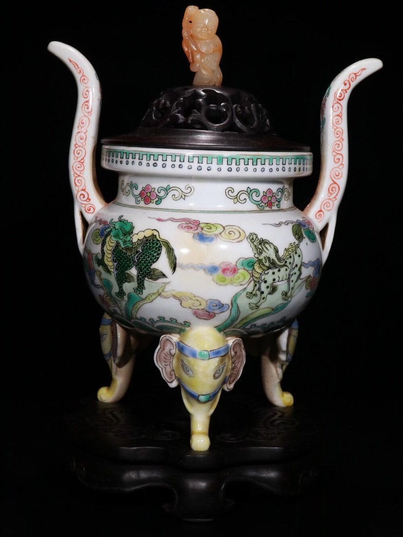 Polychrome Porcelain Censer with Double Handles & Elephant Feet (1 of 9)