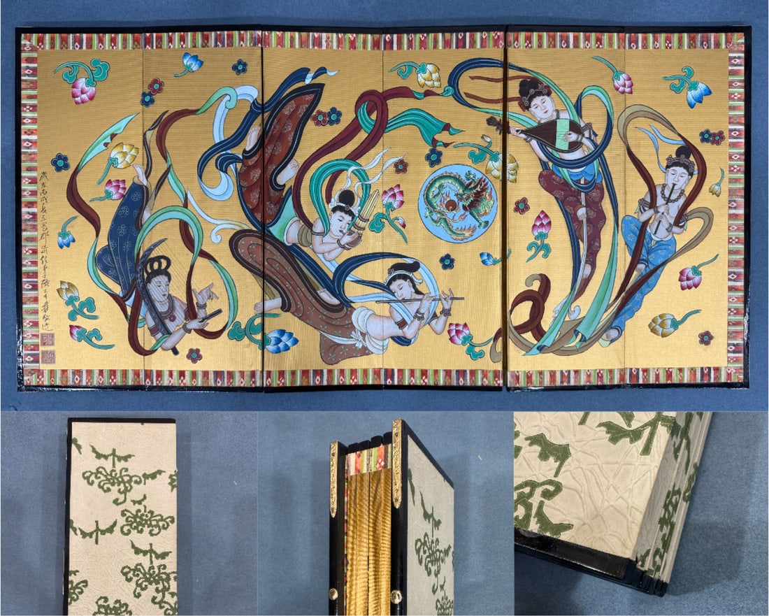 Small Study Screen of Flying Apsaras by Zhang Daqian: Zhang Daqian Small Study Screen of Flying Apsaras : Created in heavy color on silk, depicting Dunhuang flying apsaras musicians, flying apsaras with elegant ribbons and vivid expressions, clear