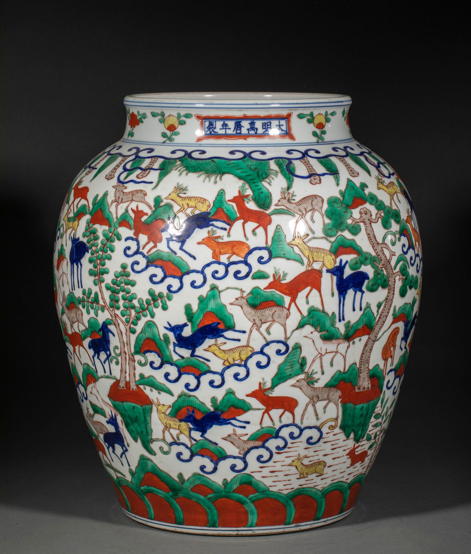 Doucai Zun Vase with Hundred Deer, Wanli Period, Ming Dynasty: Doucai Hundred Deer Zun, Wanli Period, Ming Dynasty: Material is high-quality porcelain body, painted with hundred deer pattern via doucai technique, large and regular shape, clear "Da Ming Wanli