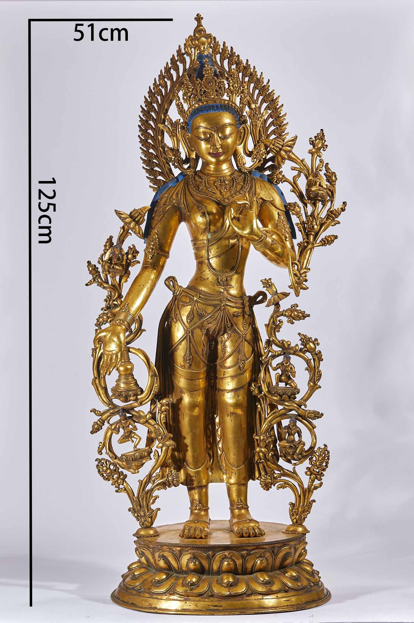 Gilt Bronze Statue of Lotus-Hand Guanyin: Gilt Bronze Lotus-Hand Guanyin Statue: Material is copper, cast via lost-wax casting and fully gilded, shaped as Lotus-Hand Guanyin standing on a double-layer lotus platform, specifications height