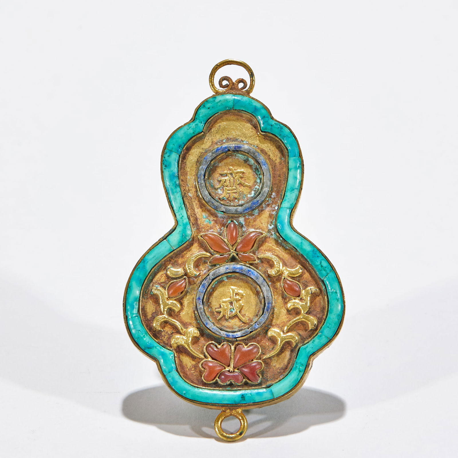 Gilt Bronze Gourd-Shaped Abstinence Tablet: Gilt Bronze Gourd-Shaped Abstinence Tablet: Material is gilt bronze, made via gilt and gem-inlay techniques, gourd shape implies "blessings and wealth", inlaid with turquoise, lapis lazuli, agate and