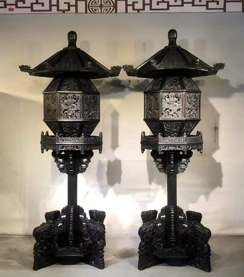 Fine High Relief Openwork Zitan Palace Lantern: Fine High Relief Openwork Zitan Palace Lantern: Material is precious zitan wood, made via high relief openwork technique, carved with dragon patterns and flower patterns, hexagonal spire top, base bea
