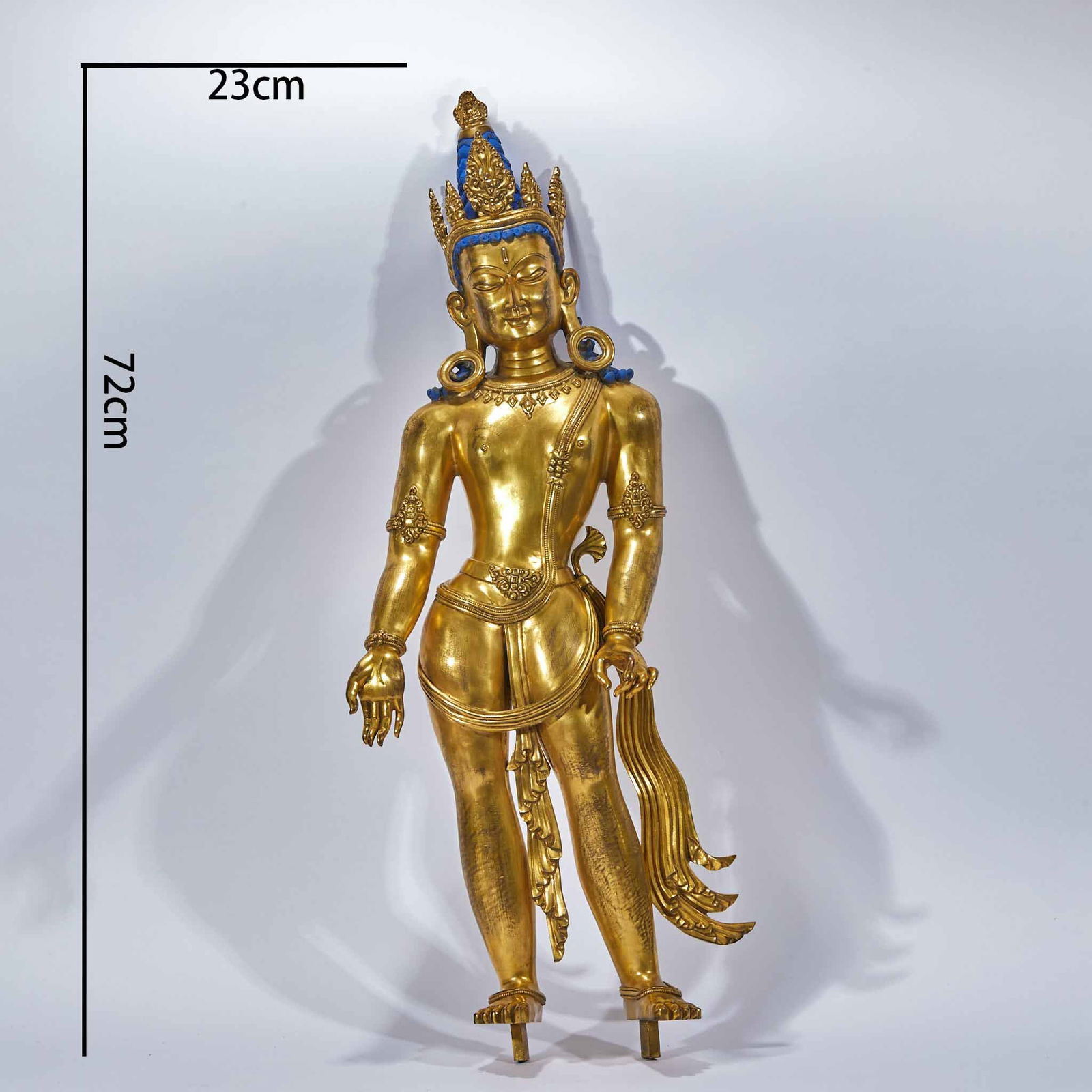 Gilt Bronze Standing Statue of Tara: Gilt Bronze Standing Tara Statue: Material is gilt bronze, cast via lost-wax casting, fine craftsmanship, dignified face, complete clothing and ornaments, specifications height 72cm, length 23cm,