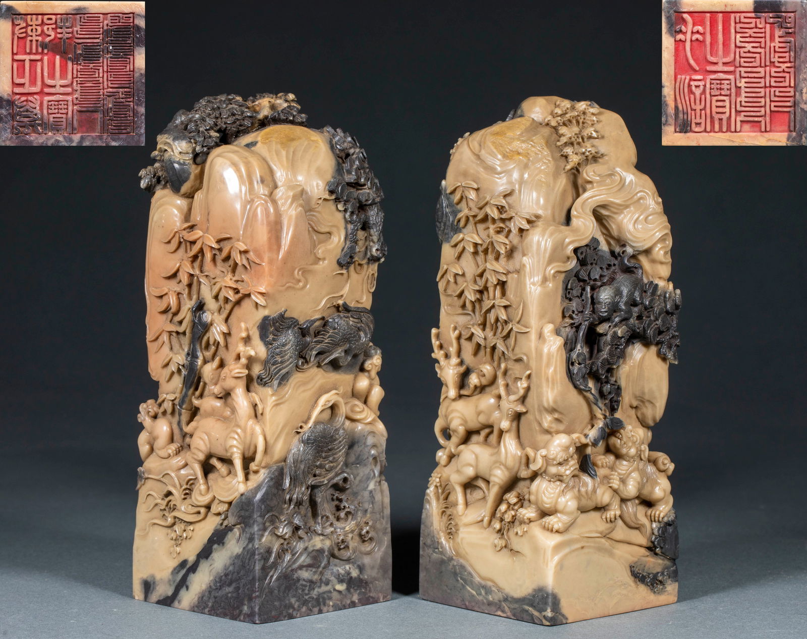 Pair of Qianlong Shoushan Stone Carved Seals: Deer & Crane in Spring: Pair of Qianlong Shoushan Stone Carved Seals: Deer & Crane in Spring: Material is natural Shoushan stone, made via skillful carving technique, carved with deer and crane in spring theme according to
