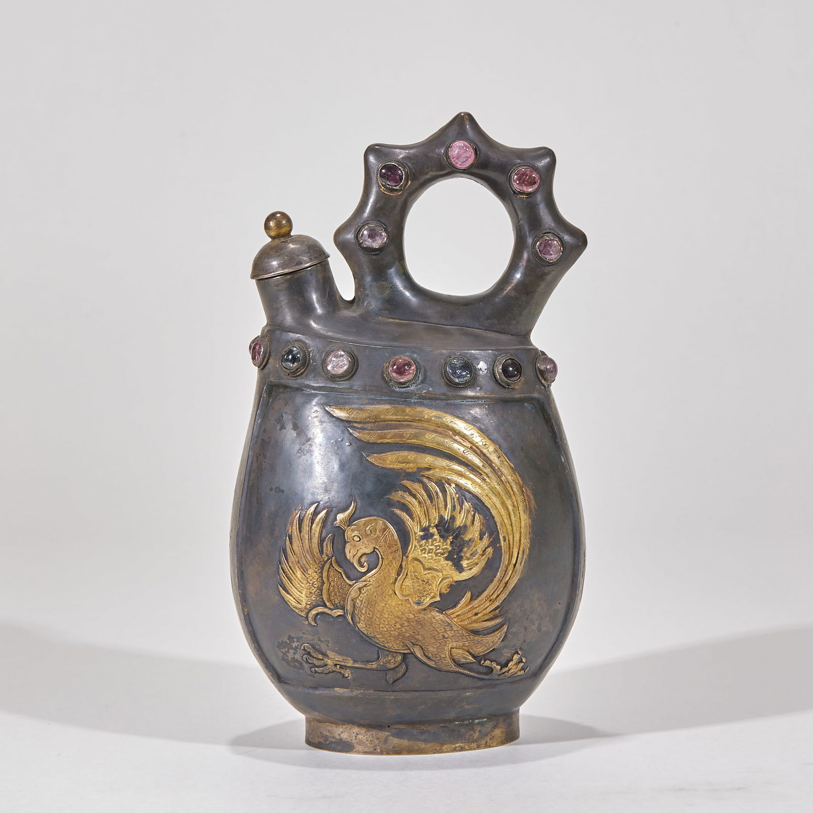 Pre-Ming Gilt Silver Leather-Form Flask with Phoenix Pattern (1 of 9)
