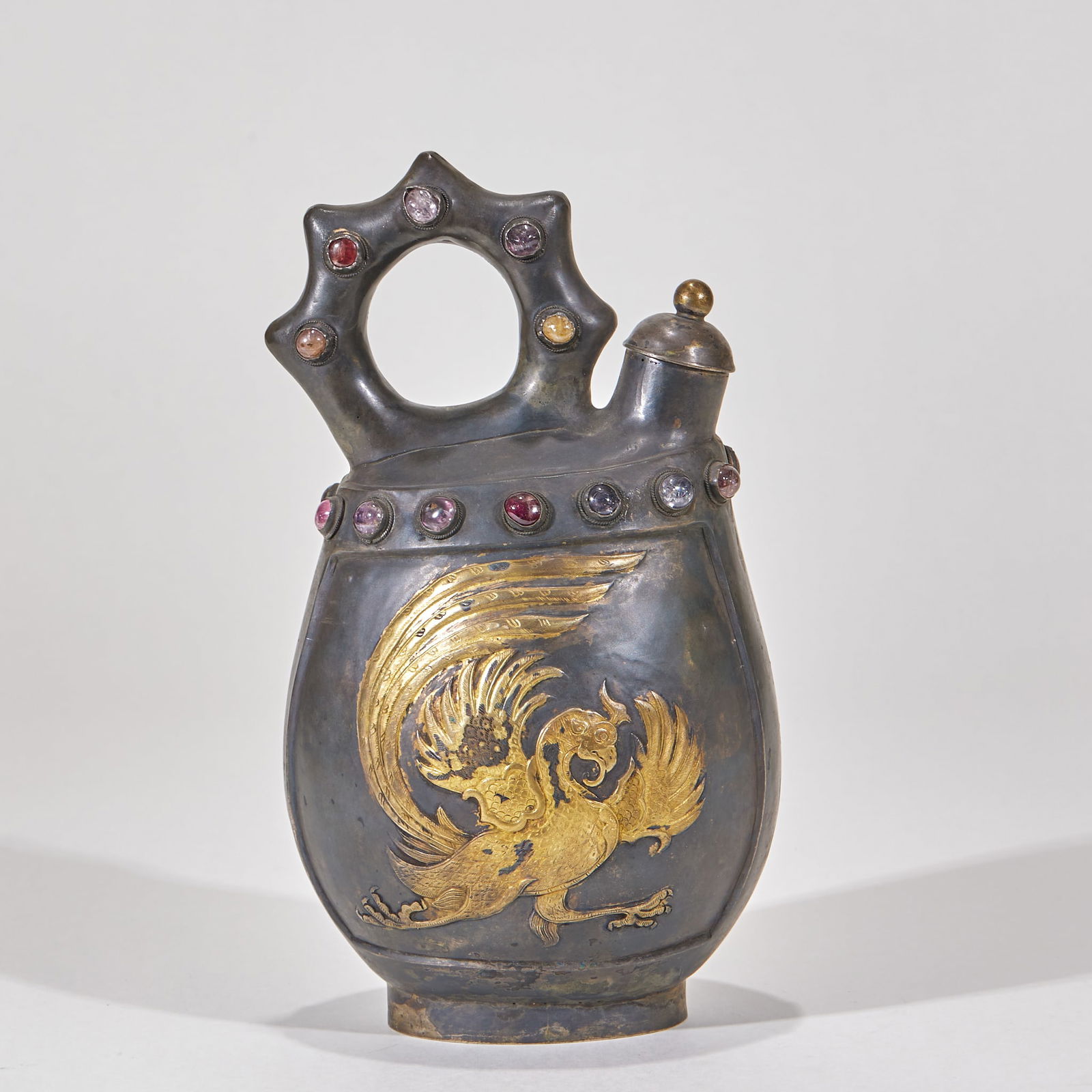 Pre-Ming Gilt Silver Leather-Form Flask with Phoenix Pattern - 5