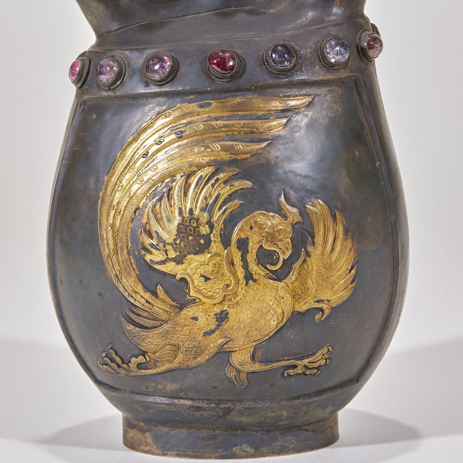 Pre-Ming Gilt Silver Leather-Form Flask with Phoenix Pattern - 6