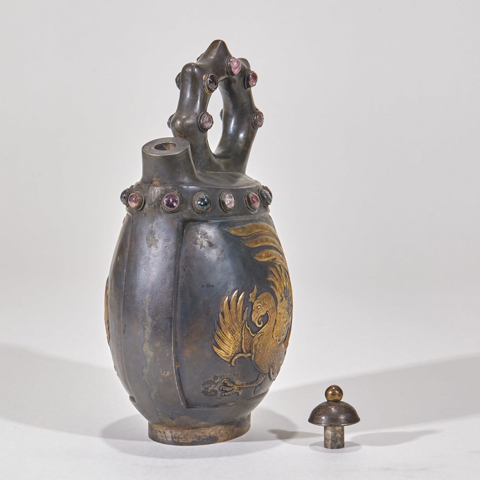 Pre-Ming Gilt Silver Leather-Form Flask with Phoenix Pattern - 7