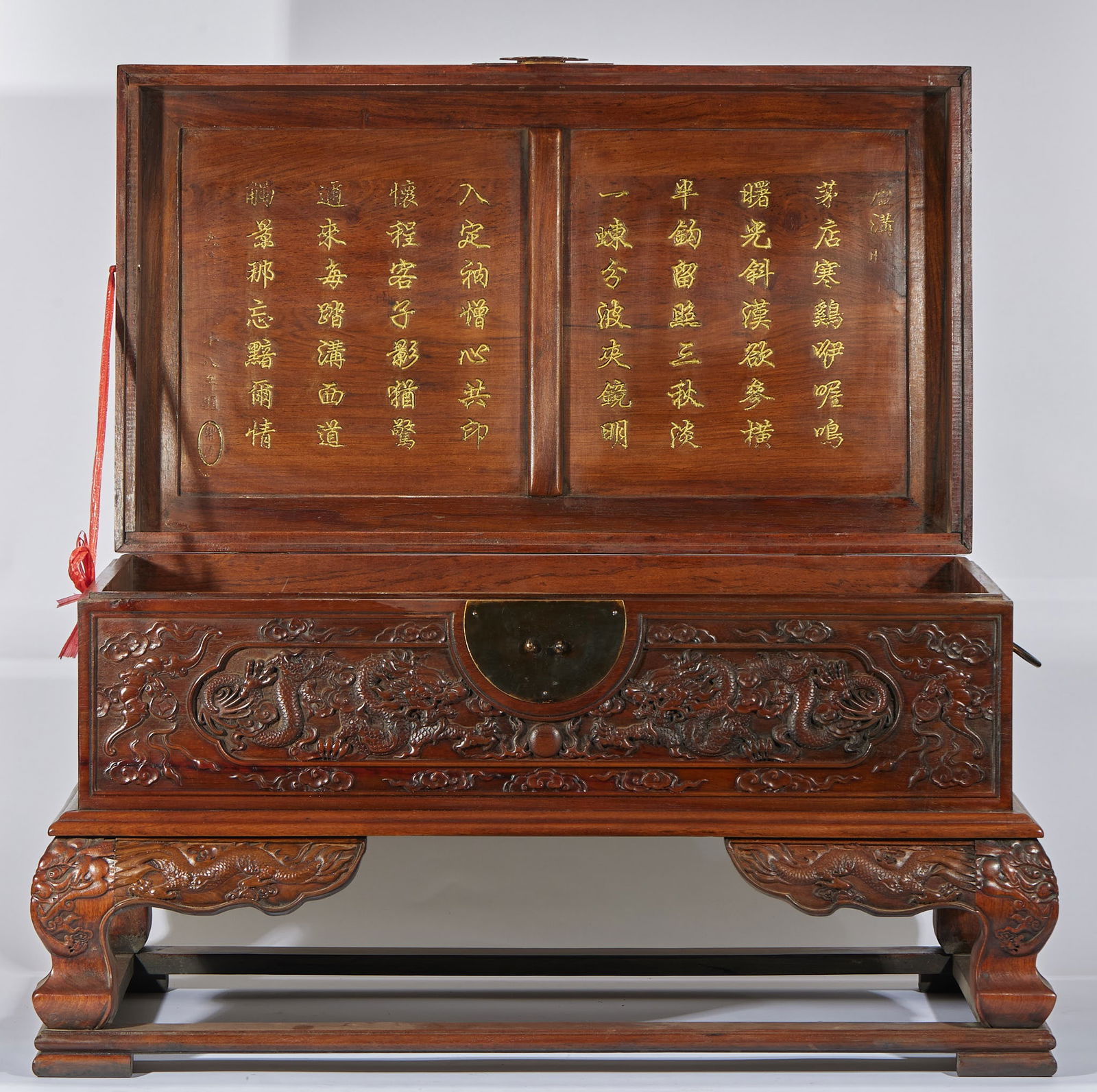 Huanghuali Wood Box with Dragon Pattern: Huanghuali Box with Dragon Pattern: Height 45cm, length 82cm, width 50cm, made of high-quality huanghuali with clear texture and warm wood, adopting traditional tenon-and-mortise structure, box body