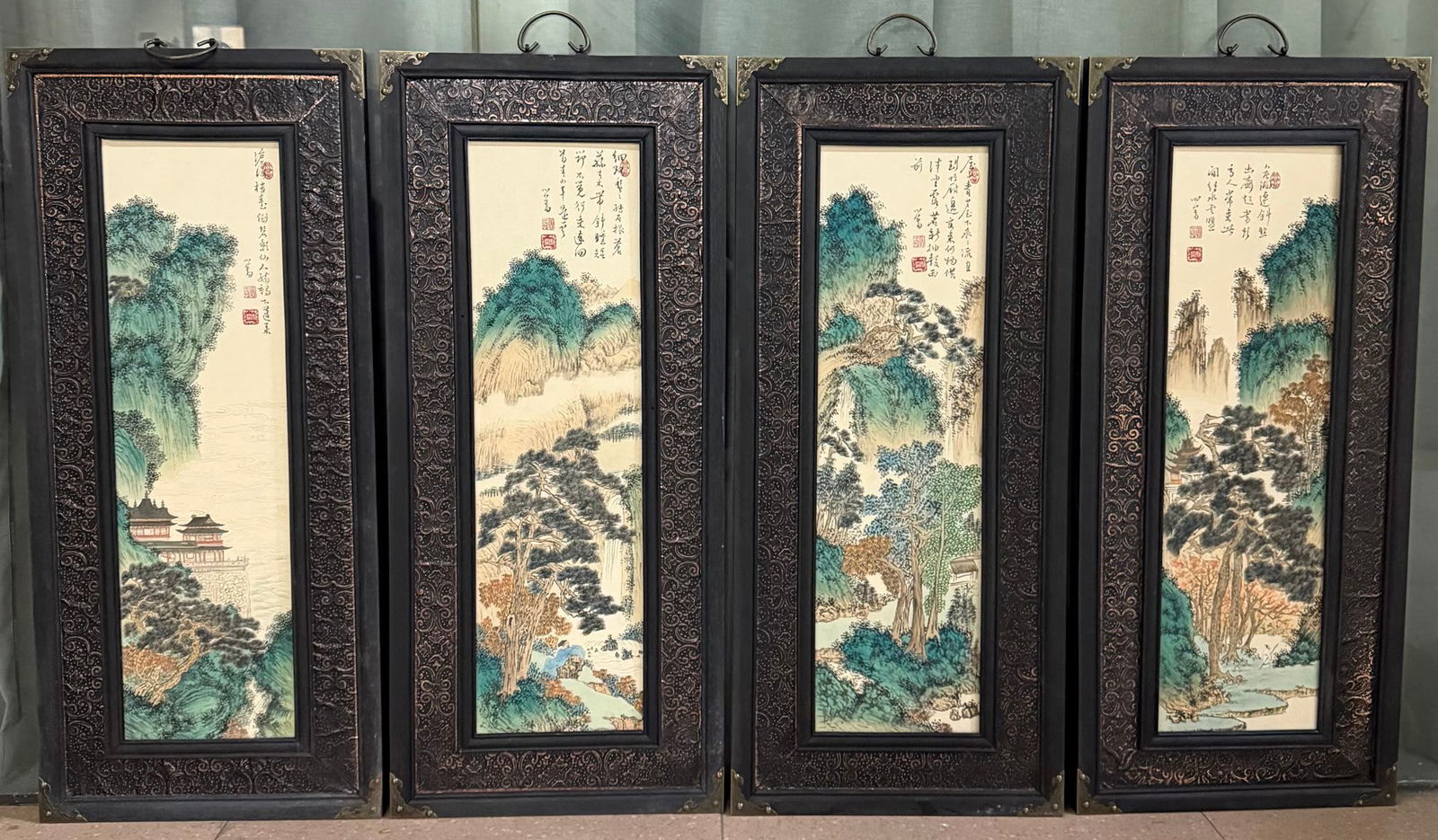 Four-Panel Landscape Screen by Pu Ru: Pu Ru, Four-Panel Landscape Screen: Single painting core height 74cm, width 22cm, four-panel landscape screen by Pu Ru, elegant brushwork and distant artistic conception, reflecting the artistic