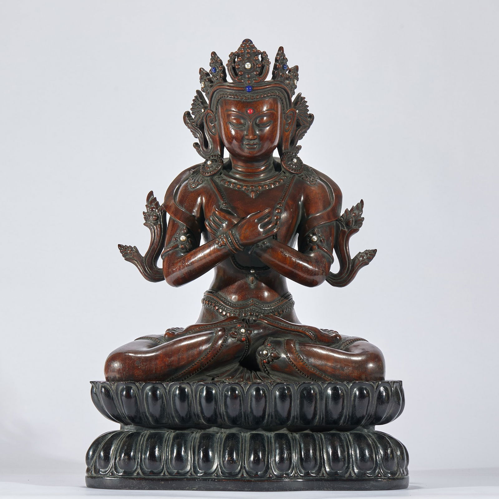 Inlaid Agarwood Tara Statue: Agarwood Tara Statue with Inlay: Made of agarwood, inlaid with gemstones and pearls, via round carving and inlay techniques, elegant posture of Tara and gorgeous clothing, fine agarwood texture,