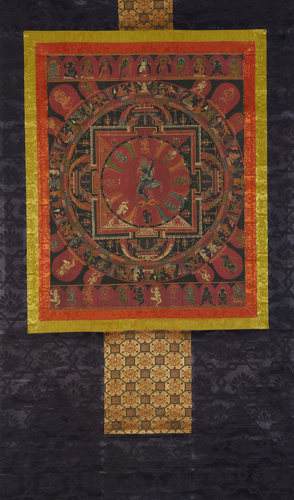 Thangka of Hevajra Mandala: Thangka of Hevajra Mandala: Based on cotton cloth, made via traditional Tibetan thangka mineral pigment and gold powder painting techniques, composition is Hevajra mandala, rich and elegant colors, fi
