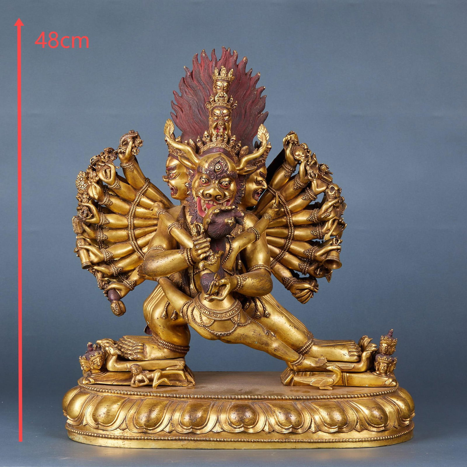 Gilt Bronze Yamantaka Statue: Gilt Bronze Yamantaka: Made of bronze via lost?wax casting, gilding and painting techniques, carved in accordance with Tibetan Buddhist rituals, solemn Dharma appearance, multi?armed and