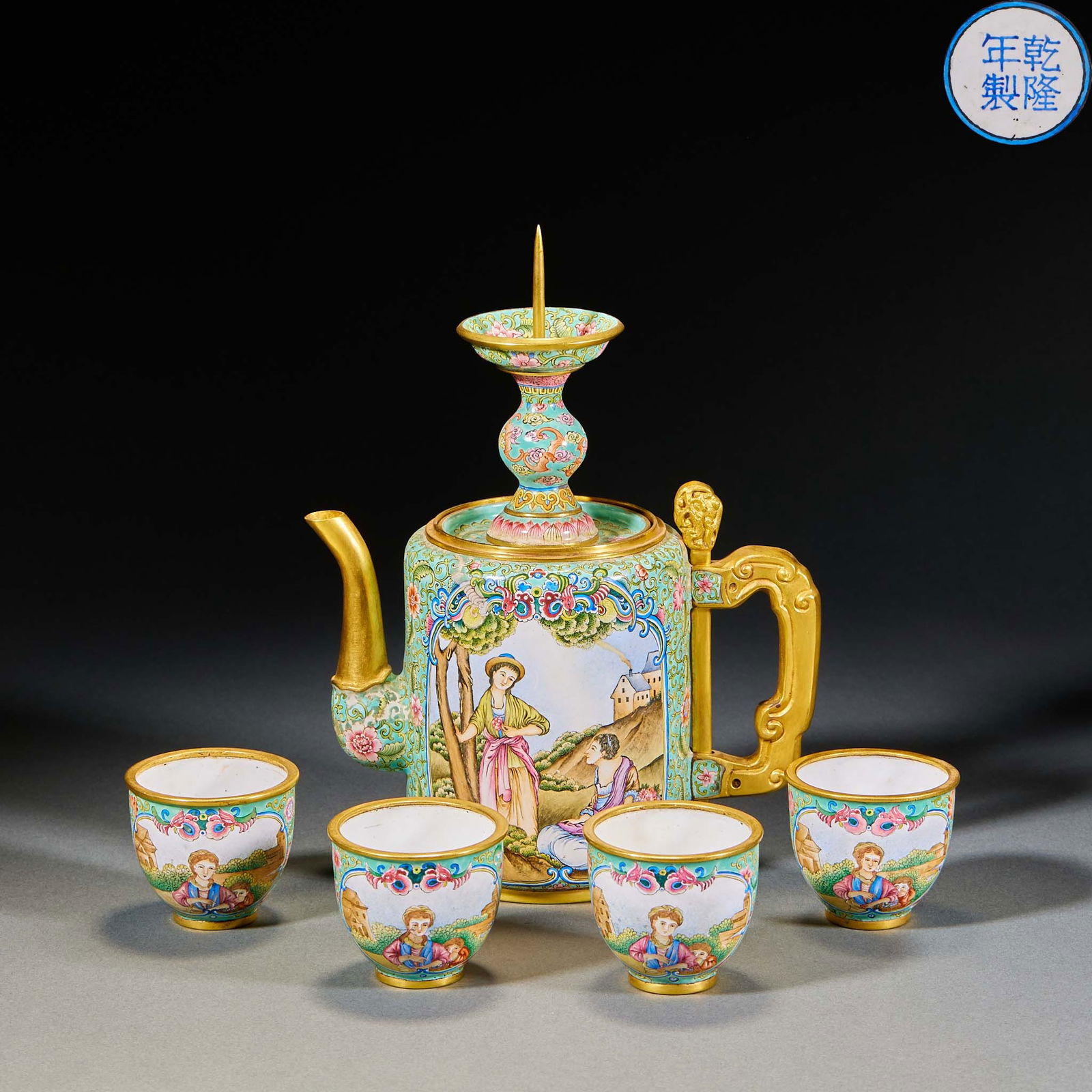Qianlong Period Gilt Bronze Painted Enamel Set: Lidded Ewer & Teacups with Western Figures: Set of Gilt Copper Painted Enamel Teapot and Cups with Openwork Western Figures, Qianlong Period, Qing Dynasty: Made of copper?body painted enamel via painted enamel, gilding and openwork Western