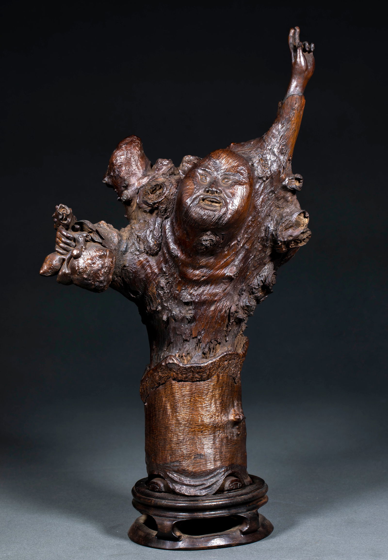 Zitan Root Carving Figure Ornament: Zitan Root Carving Figure Ornament: Made of natural zitan root via free?form carving, retaining natural texture and knots of the root, vivid figure expression and rough lines, height 40cm, length