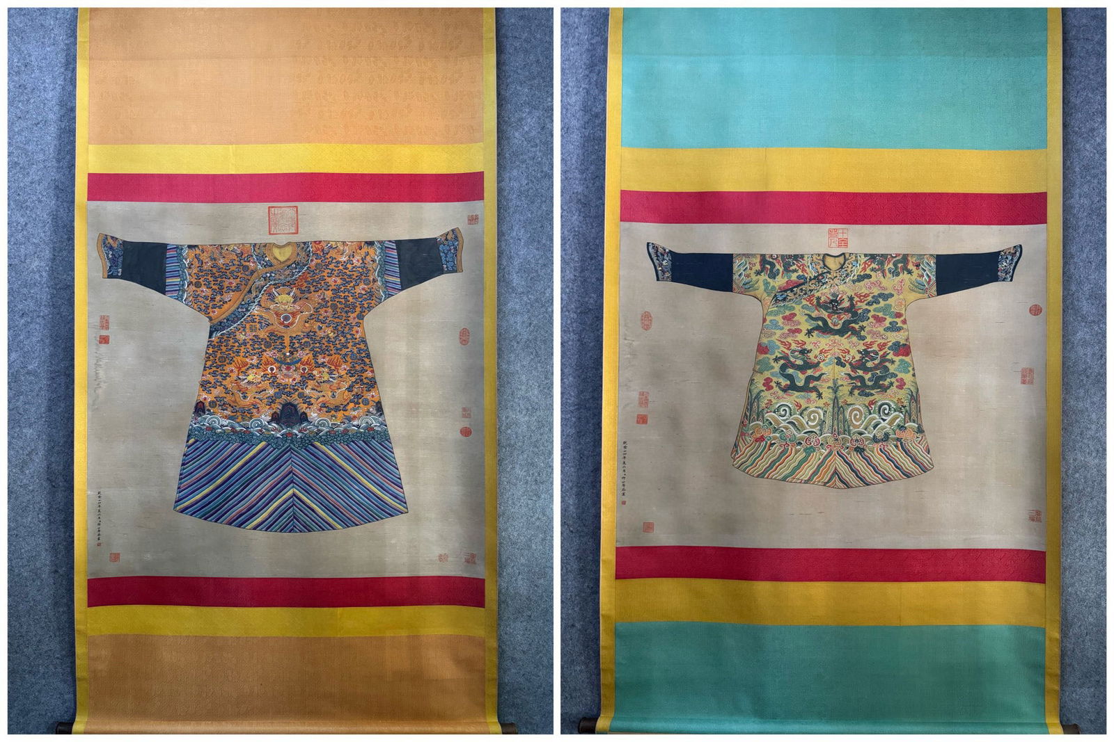 Silk Painting (Double Dragon Robe) by Giuseppe Castiglione, Qing Dynasty: Silk Painting of Double?Dragon Robe by Giuseppe Castiglione, Qing Dynasty: Made of silk, marked “Giuseppe Castiglione”, painted with Qing Dynasty double?dragon robe via meticulous heavy?color