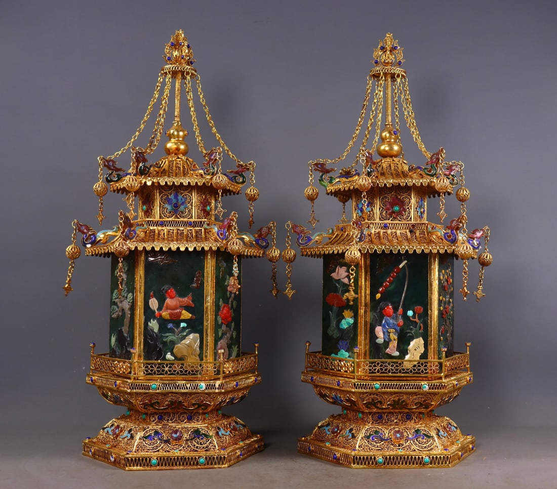 Pair of Filigree Gilt Palace Lanterns Inlaid with Hetian Green Jade & Eight Treasures: Pair of Filigree Gilt Palace Lanterns Inlaid with Hetian Green Jade & Eight Treasures: Material and craftsmanship: filigree gilt inlaid with Hetian green jade and eight?treasure ornaments,