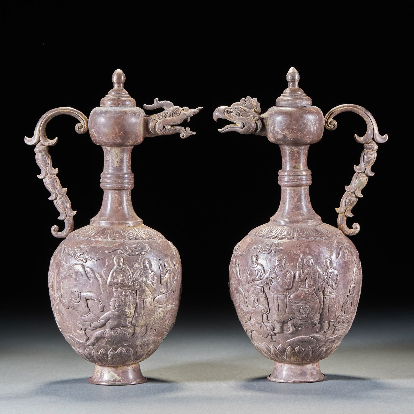 Pair of Pre-Ming Pure Silver Ewers with Figure Stories & Dragon-Phoenix Heads: Pair of Pre?Ming Pure Silver Ewers with Dragon & Phoenix Head and Figure Stories: Material and craftsmanship: pure silver, dragon & phoenix head shape, body chiseled with figure stories, delicate