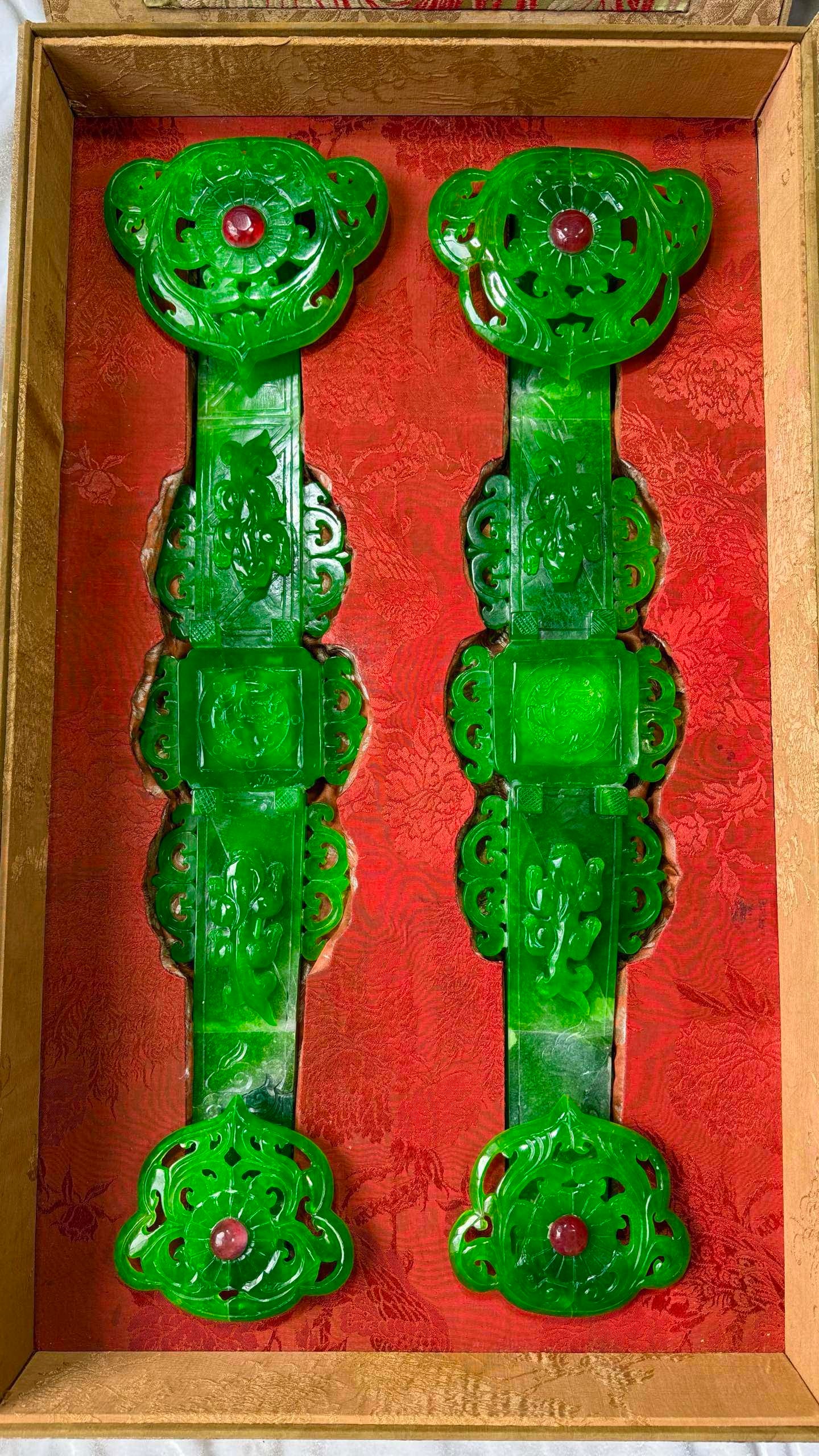 Pair of Large High Ice Jadeite Ornaments Dragon Pattern Double Ruyi: Pair of Large High Ice Jadeite Ornaments “Dragon Pattern Double Ruyi”: Material and craftsmanship: natural high ice jadeite carved into dragon pattern ruyi ornaments with relief and openwork c