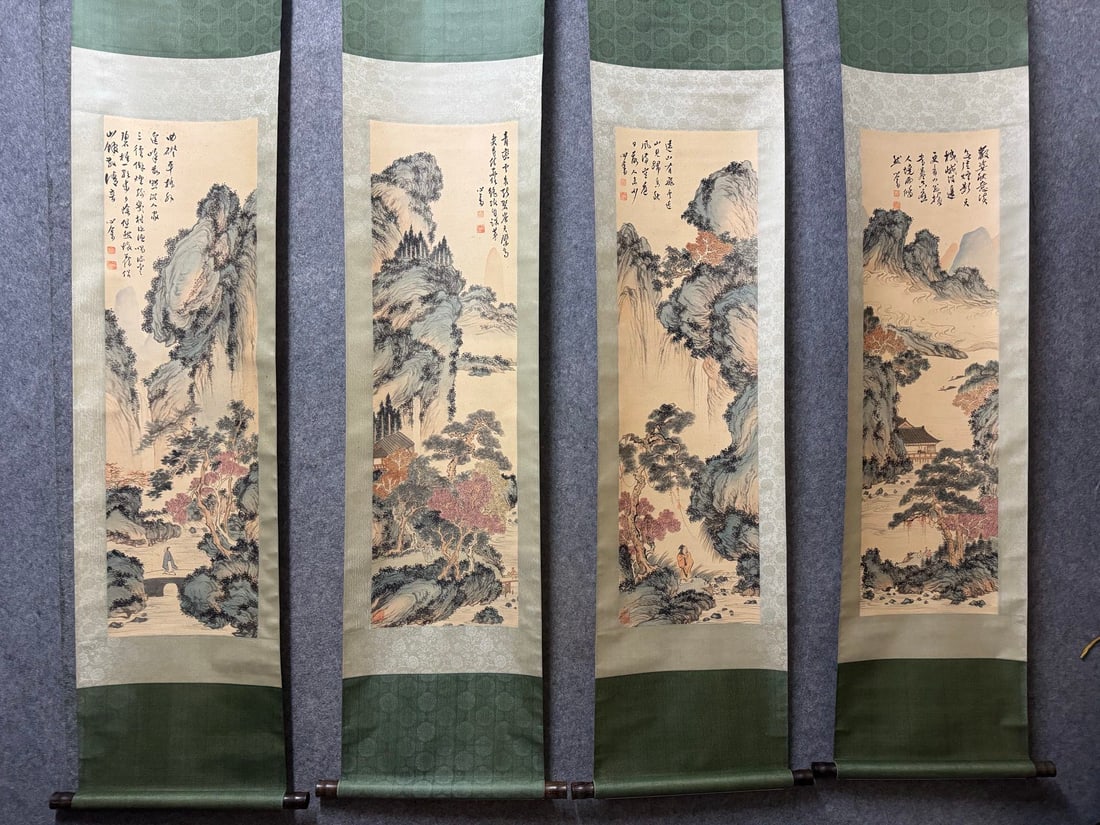 Four-Panel Landscape on Paper, by Pu Xinyu: Pu Xinyu, Four-Panel Landscape Screen on Paper: Material and craftsmanship: ink and color on paper, landscape painting in Pu Xinyu style, elegant brushwork, distant artistic conception, regular