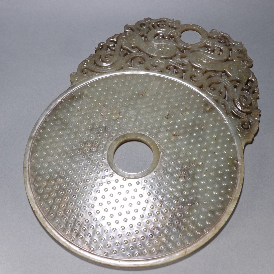 Han Dynasty Ancient Jade Dragon & Phoenix Openwork Bi Disc: Han Dynasty Ancient Jade Bi with Dragon and Phoenix Patterns and Outlined Design: Material and craftsmanship: carved from a solid piece of ancient jade, openwork carved dragon and phoenix patterns