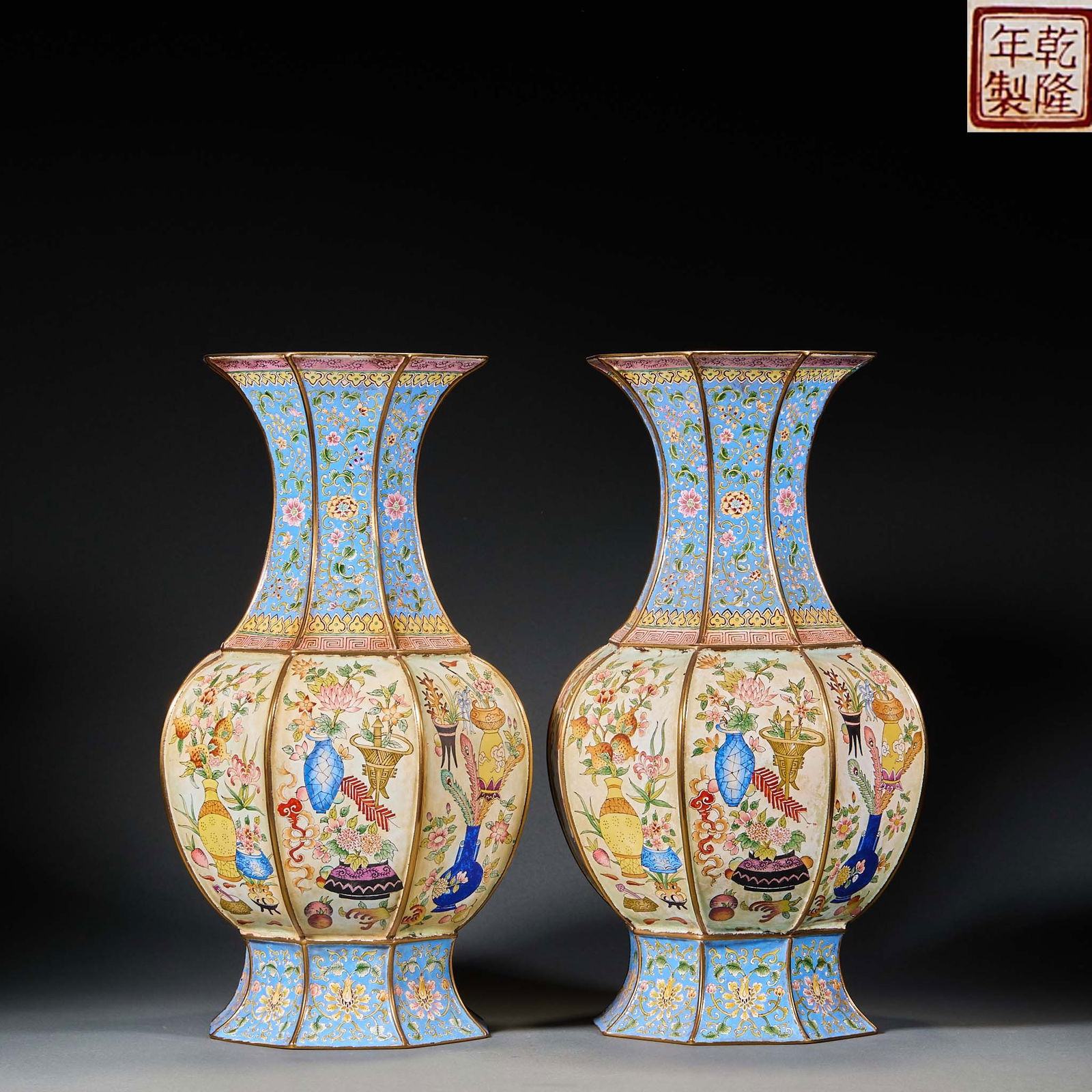 Qianlong Painted Enamel Octagonal Appreciation Vase with Many Children & Blessings & Hundred: Qianlong Painted Enamel Octagonal Appreciation Vase with Many Children, Blessings and Hundred Treasures Patterns: Material and craftsmanship: painted enamel craft, regular octagonal shape, painted