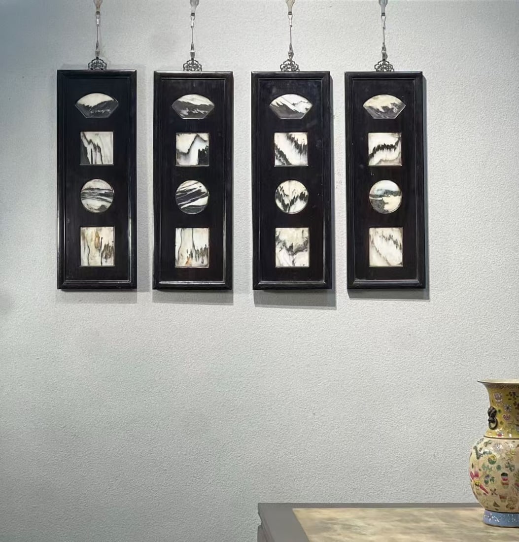 Set of Small Leaf Zitan Wood Marble Hanging Screens: Set of Small Leaf Zitan Hanging Screens with Marble: Material and craftsmanship: small leaf zitan frame, inlaid with natural marble, marble texture like natural landscape, delicate frame workmanship;