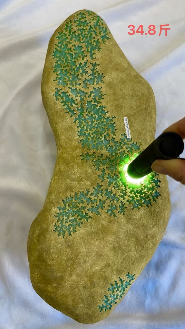 Full Green Jadeite Rough Stone: Full Green Jadeite Rough Stone: Material and craftsmanship: natural jadeite, rich full green at window, translucent under light, fine texture; specifications: length approx. 42cm, weight 17400g (34.8