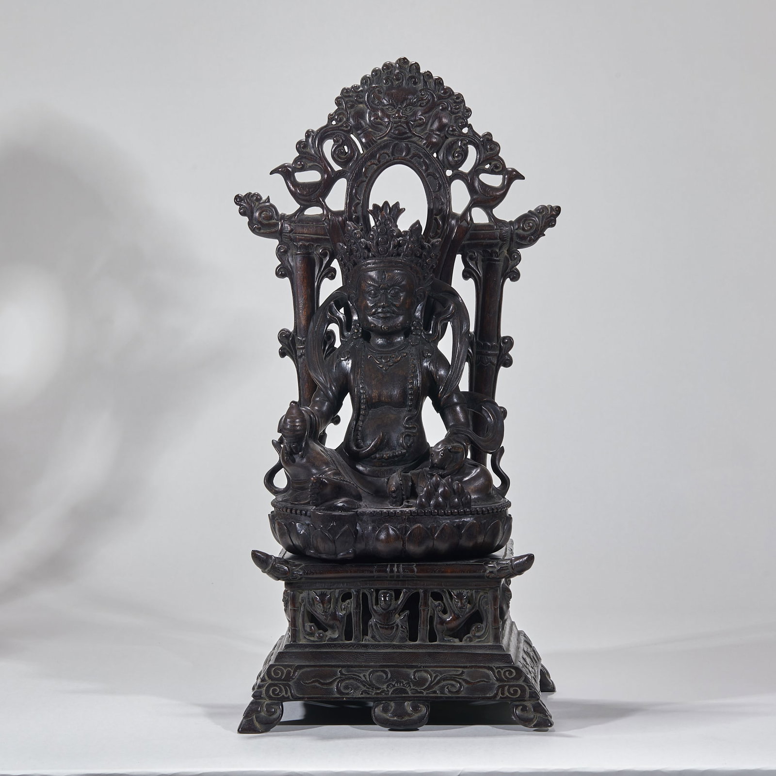 Agarwood Yellow Jambhala Buddha Statue, Made in the 12th Year of Qianlong, Qing Dynasty: Agarwood Yellow Jambhala Buddha Statue, Made in the 12th Year of Qianlong of Qing Dynasty: Whole carved agarwood Yellow Jambhala holding ritual implements and stepping on divine rat, complicated