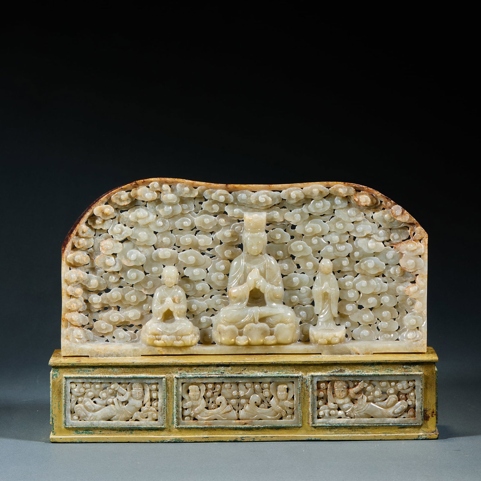 Gilt bronze table screen inlaid with Hetian jade and Buddha statue (1 of 10)
