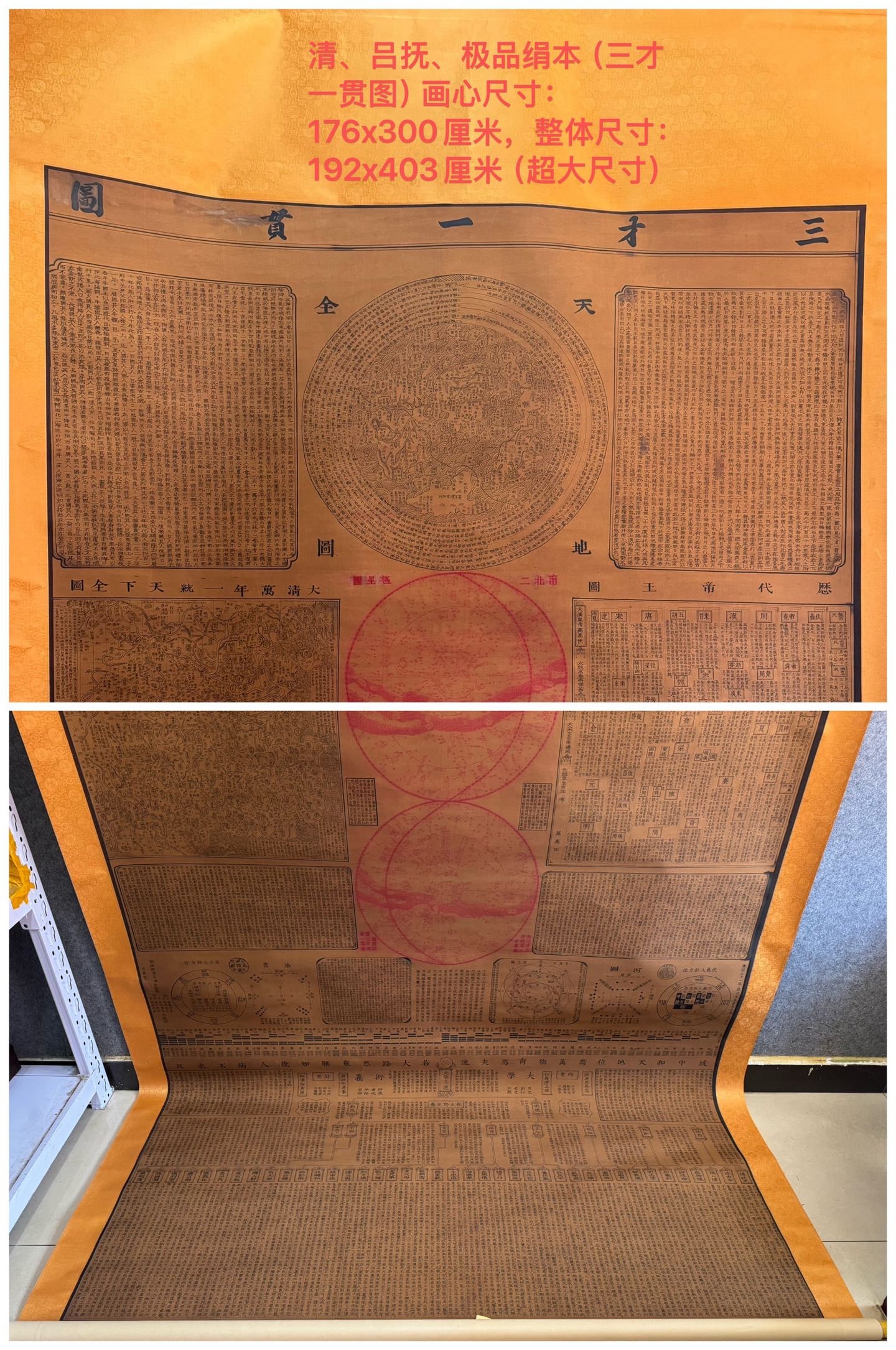 Lü Fu, Silk Painting Three Elements Unity , Qing Dynasty: Qing Lu Fu Silk Three Talents Unity Scroll: Super large silk ink painted three talents heaven earth human scroll containing astronomy geography history calendar content, complete inscriptions and