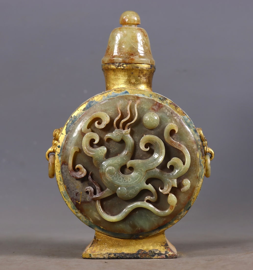 Warring States-Han Gilt Bronze Hetian Jade-Inlaid Beast-Eared Phoenix Vessel (1 of 9)