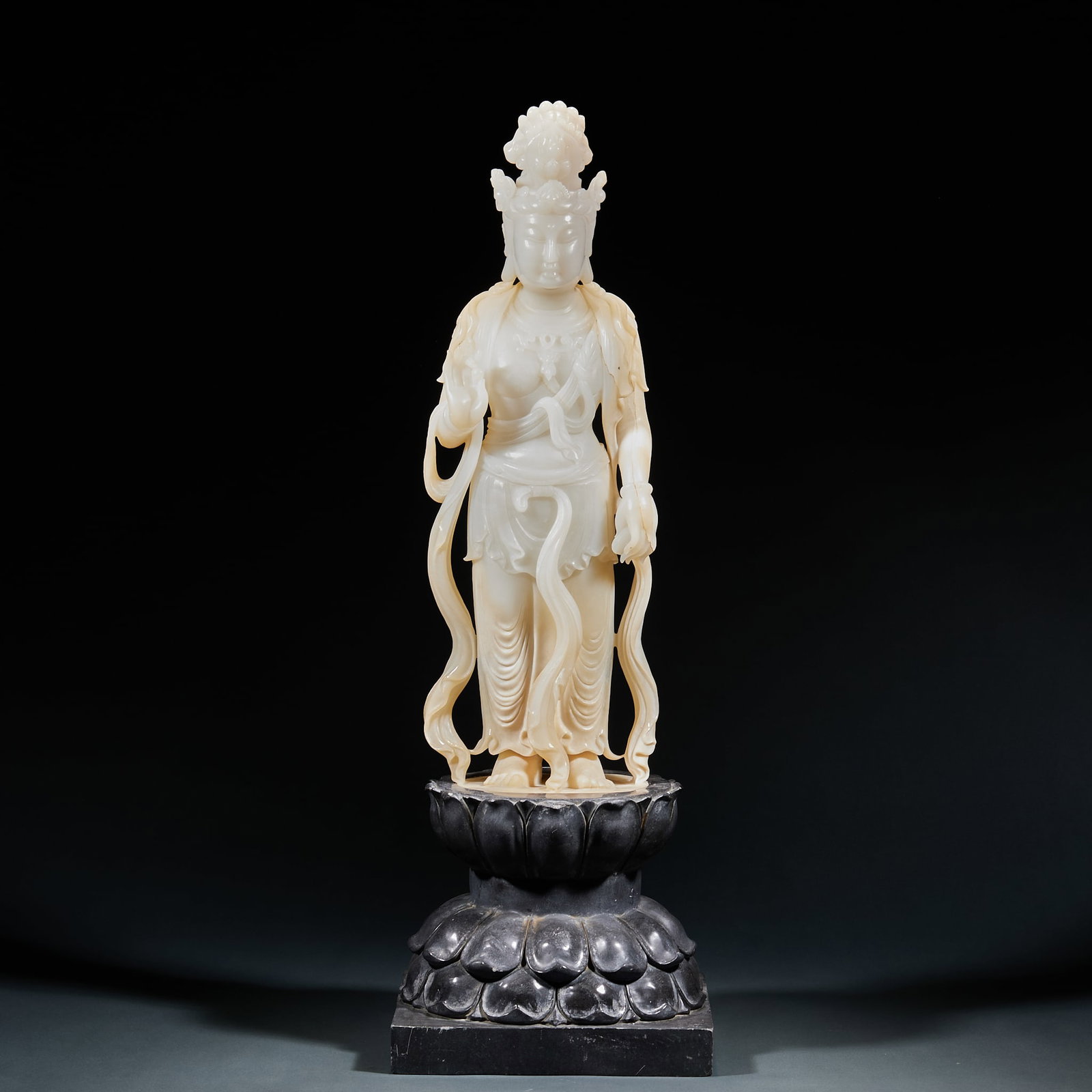Hetian Jade Standing Guanyin with Jasper Base: Hetian Jade Standing Guanyin with Jasper Base: Height 59cm, Length 20cm, Width 20cm