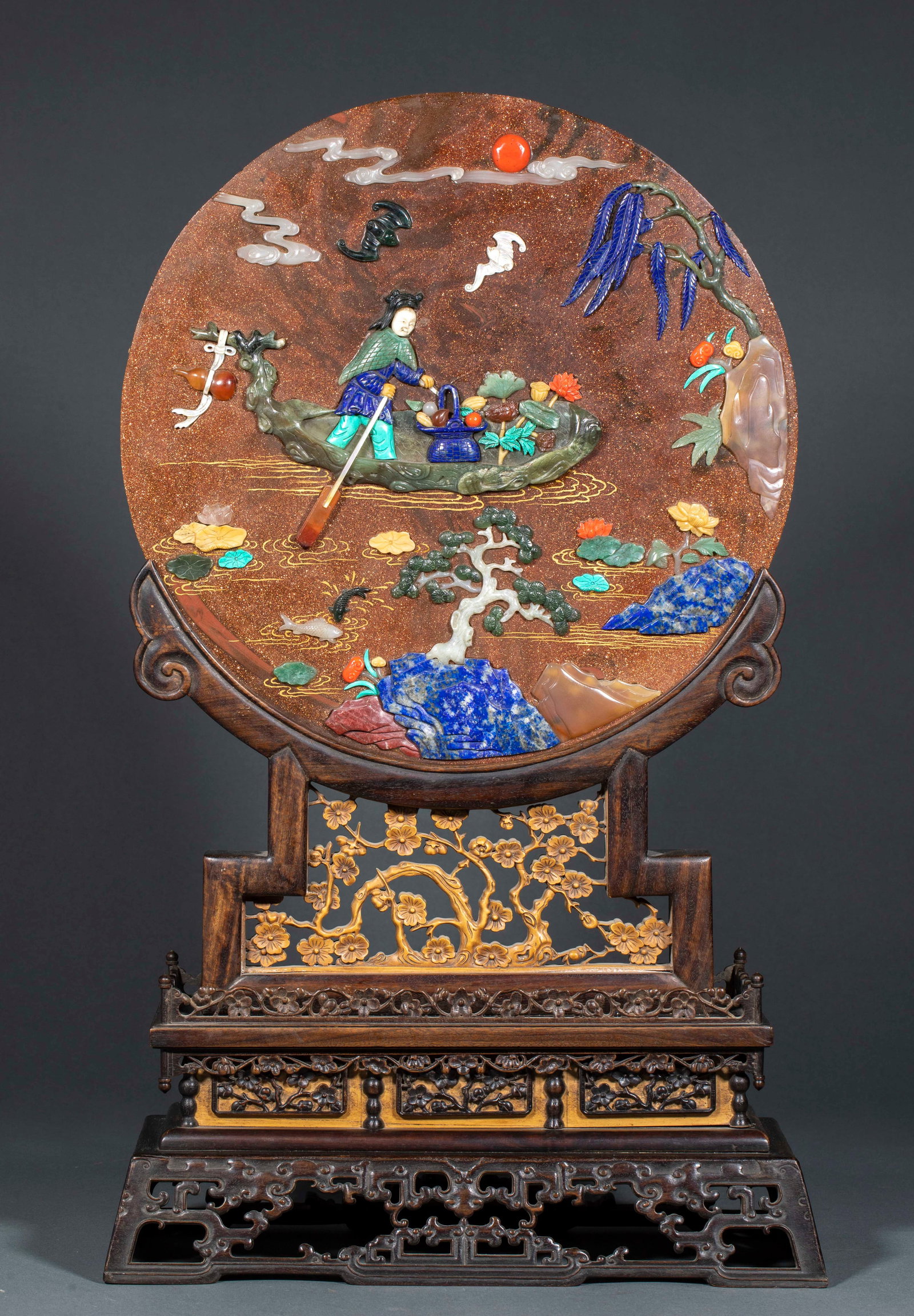 Zitan Golden Star Stone Jade-Inlaid Table Screen: Zitan Gold Stone Jade-Inlaid Table Screen: Zitan frame inlaid with gold stone round screen, multi-treasure jade agate Magu Offering Longevity scene, open plum patterned base; specifications: height