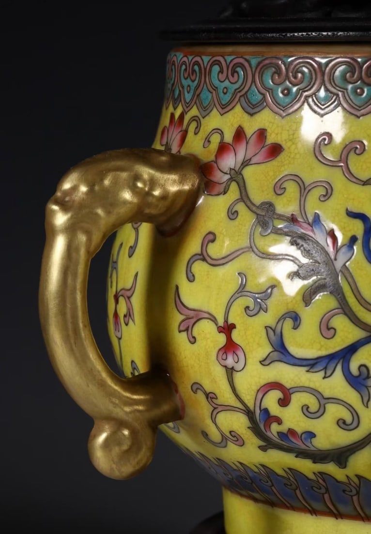 Qianlong Famille Rose Yellow Ground Chi Dragon Through Flower Five Blessings Longevity Incense - 5