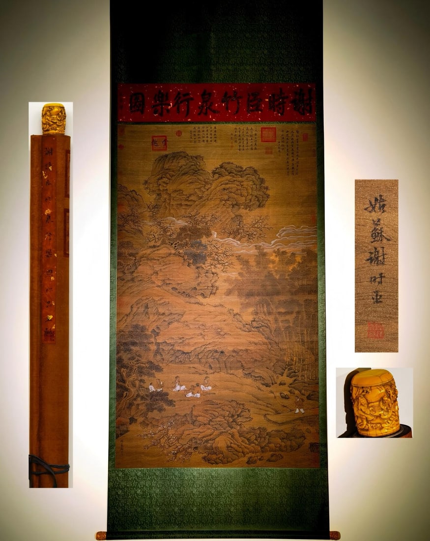 Xie Shichen, Silk Landscape Hanging Scroll Outing at Bamboo Spring: Xie Shichen Silk Bamboo Spring Leisure Landscape Hanging Scroll: Color silk landscape painted with bamboo spring leisure scenery by Xie Shichen, vigorous brushwork, open composition and complete